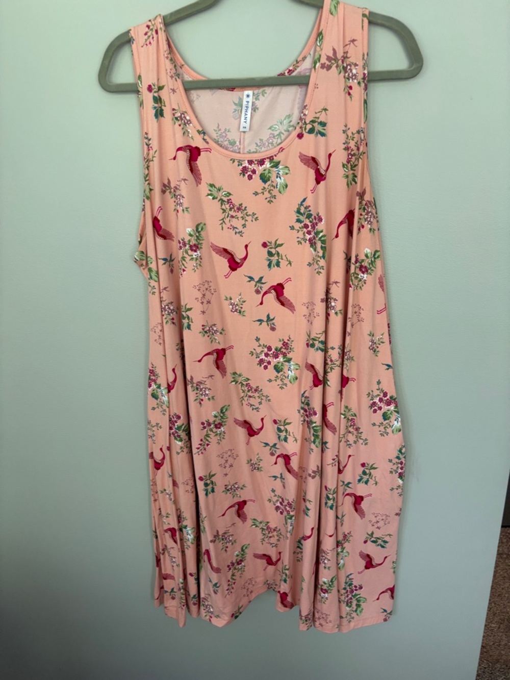 Piphany Peach Sleeveless Dress Red Bird & Floral Print Butter soft, with pocket